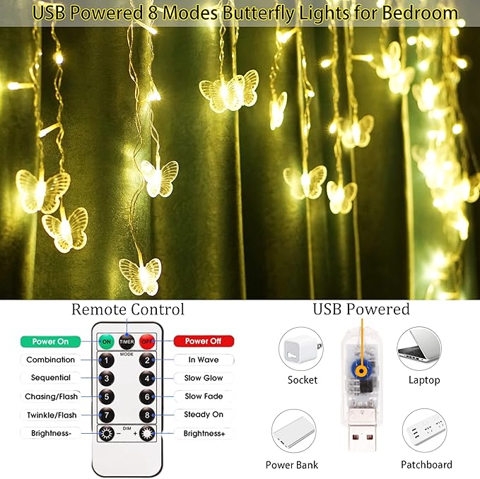 Butterfly Curtain Fairy Lights USB Plug in120 LED 8 Modes 20FT Firefly Twinkle Icicle String Lights with Remote Timer Waterproof Copper Wire for Bedroom Patio Christmas Wedding Party Dorm(Warm White)