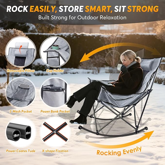 Suteck Heated Rocking Camping Chair - Oversized Heated Camping Chair W/20000mAh Power Bank &amp Carry Bag Fully Padded Heated Chairs for Outdoor Sports W/3 Heat Levels for Back &amp Seat Lawn Picn