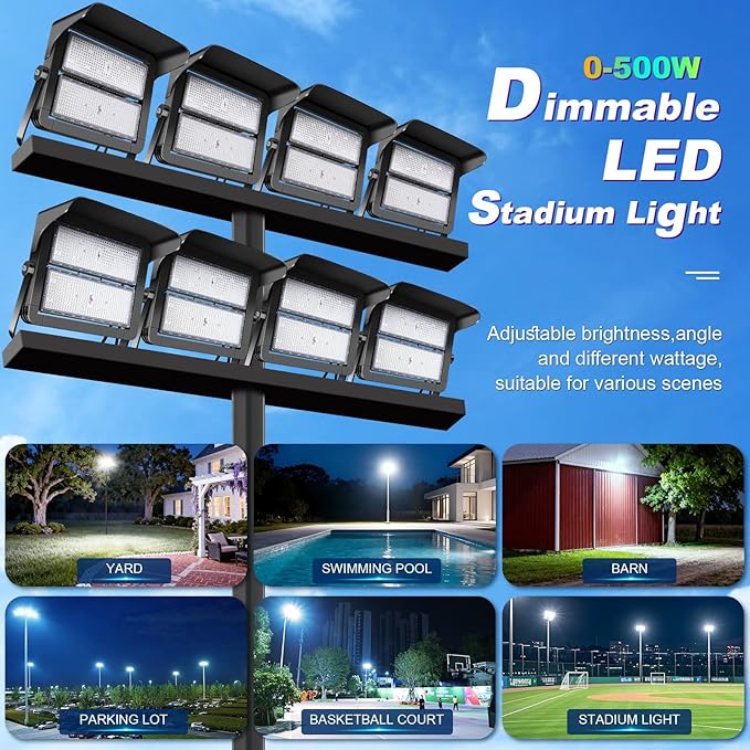 75000LM Dimmable Led Stadium Flood Light 3000W Equivalent Super Bright 0-500w Led Arena Lights 100-277v 5000k Yoke Mount Ip66 Waterproof Outdoor Wall Light Commercial forYardBarnCourt