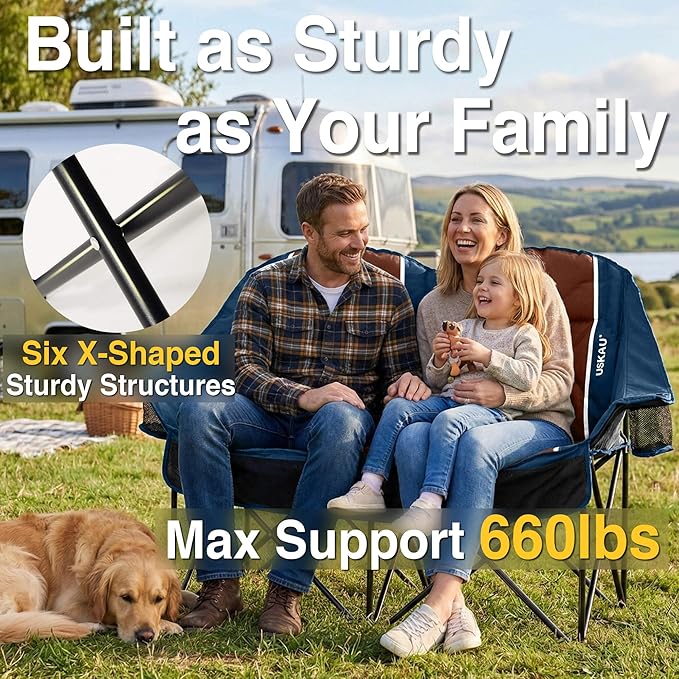 Oversized USLCamping Chair - 2 Person Portable Folding Outdoor Loveseat Heavy Duty Lawn Chairs for Adults with Padded Cushion &amp Dual Cup Holders Supports 660LBS for CampingSportsPicnic