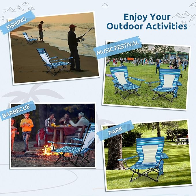 HaSteeL Folding Beach Chair Set of 2 Foldable Striped Camping Chairs for Outside Low Beach Chair Portable for Adults Fishing Picnic Outdoor BBQ Travel Sports Cup Holder &amp Storage Bag