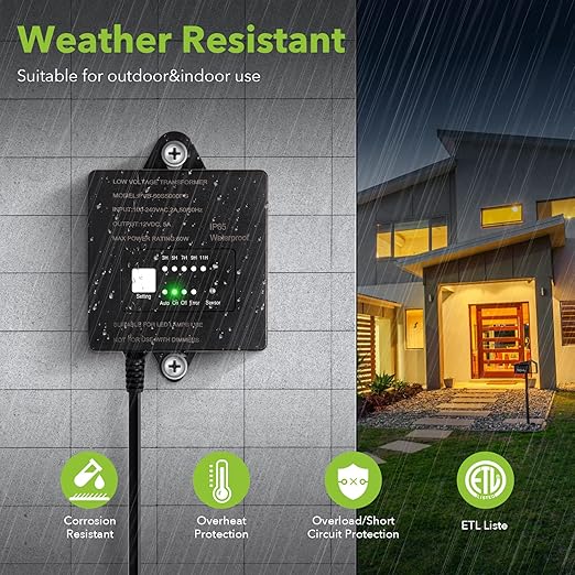 60W Low Voltage Transformer with Timer and Photocell Sensor 120V AC to 12V DC IP65 Waterproof Supply for LED Landscape Light Outdoor Spotlight Pathway LightGarden Light