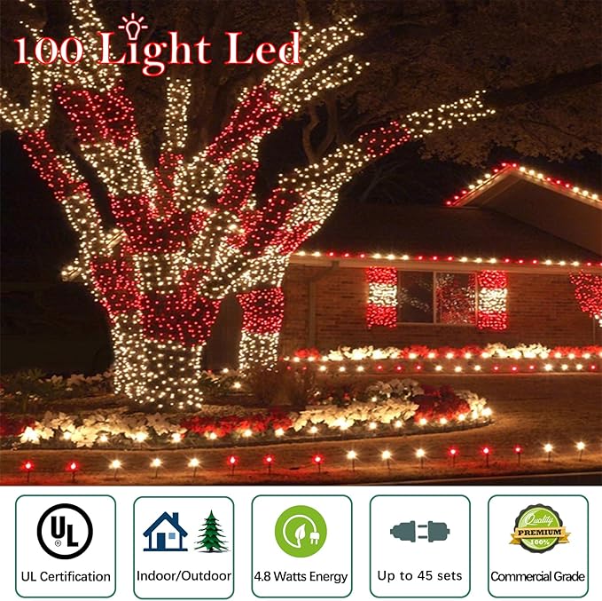 50ft 100 Counts Red LED Christmas Lights Outdoor- Commercial Grade Outdoor Waterproof Red Halloween Lights 5mm Wide Angle Green Wire Xmas Lights IP:65 UL