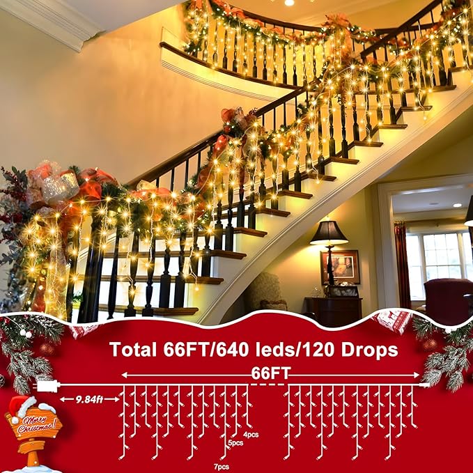 XURISEN 66ft Christmas Lights Decorations Outdoor 640 LED 8 Modes Curtain Fairy Lights with 120 DropsPlug in Waterproof Timer Memory Function for Christmas Holiday Wedding Party Decor(Warm White)