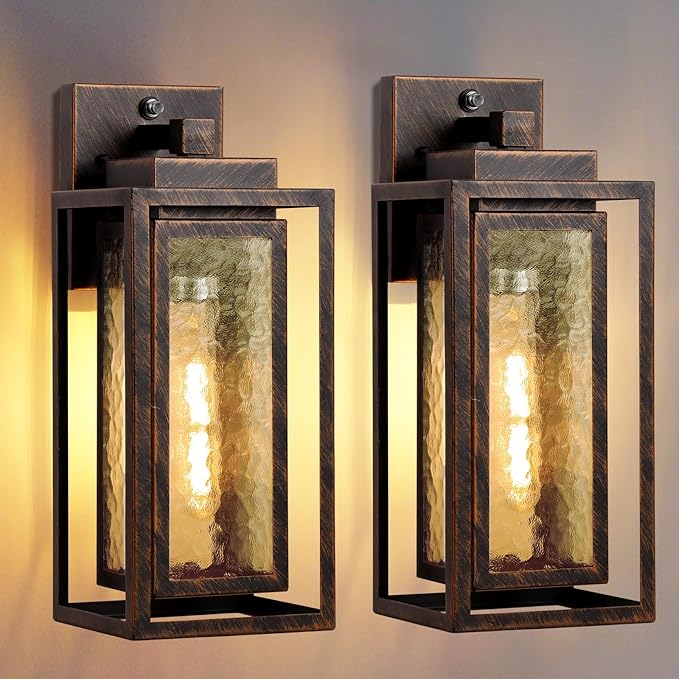 Dusk to Dawn Outdoor Wall Lantern Water Ripple Exterior Porch Light Fixture Black Gold 2 Pack Sensor Outside Lantern Lamp Porch Mount Lamp for Doorway Waterproof Wall Sconce Light (Bulb Included)