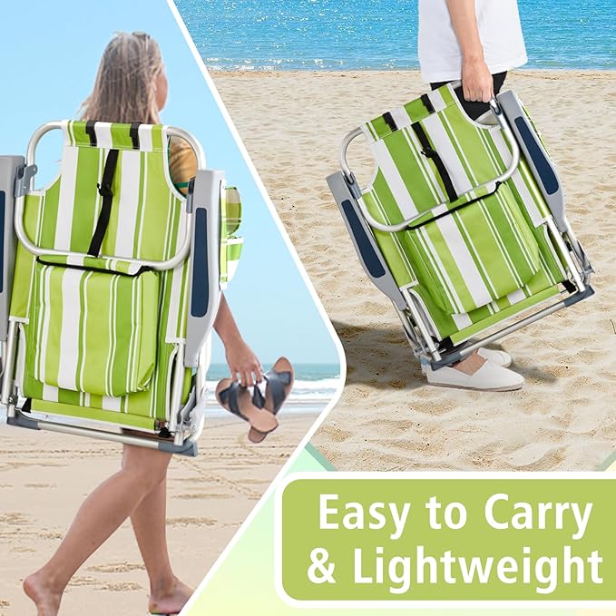Folding Beach Chair for Adults5 Position Portable Backpack Foldable Lounge ChairCamping Chair with Headrest and Cup HolderCollapsible ChairsOutdoor Chair Capable of Bearing 220 lbsGreen Stripes