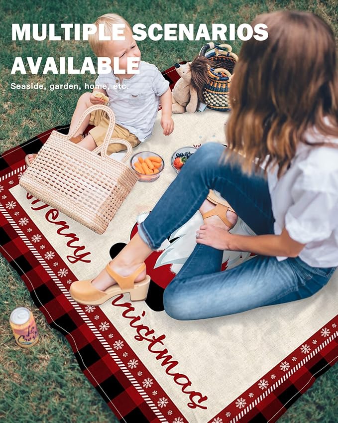 Beach Blanket Waterproof Sandproof OversizedMerry Christmas Cute Santa Winter Snowflake Beach Mat with Corner Stakes Sand PocketsRed Buffalo Plaid Black Check Outdoor Picnic Mat for Travel 95x80In