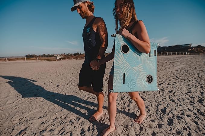 Neso Beach Table - Lightweight Portable and Foldable Table for Beach Camping and Outdoor Adventures - Stable Surface - with Cup Holder for Drinks and Phone Pockets - Aqua Fronds