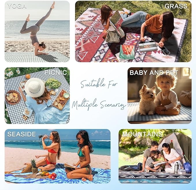 Genovega Waterproof Picnic Blanket Beach Outdoor Camping Mat Extra Large Foldable Cute Big Travel Essential Accessories Gift Park Patio Lawn Garden Grass Ground Music Festival Must Have Checkered