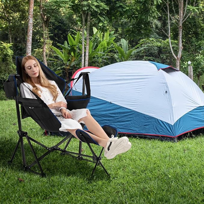 Giantex Outdoor Hammock Camping Chair - Rocking Chair with Removable Footrest Adjustable Backrest Pillow Cup Holder Storage Bag Portable Fishing Chair for Poolside Patio Folding Chair (1 Black)