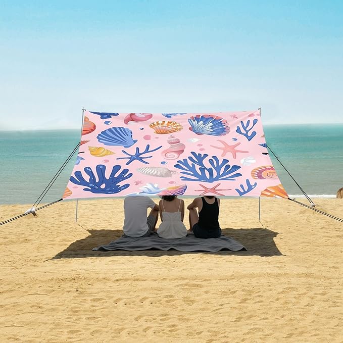 Summer Marine Colorful Seashells Camping Sun Shelter Beach Tent Portable Beach Sun Shade Outdoor Canopy for Camping Trips Fishing Picnic
