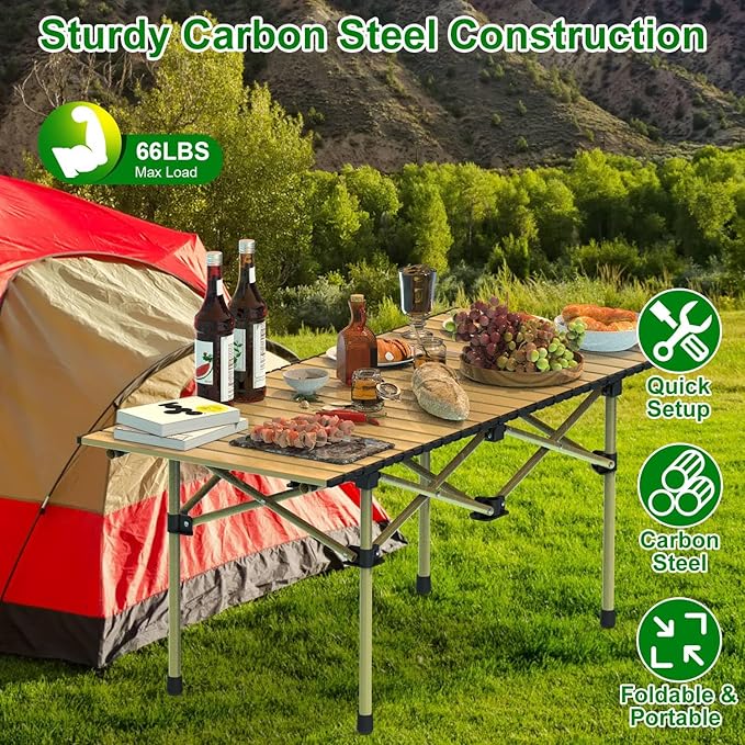 Folding Camping Table Portable Upgraded Carbon Steel with Carry Bag Heavy Duty Lightweight Foldable Camp for Outdoor Large Table for Picnic Barbecue Grill Beach Patio 4-6 Person