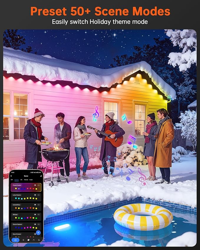 YAYZA! Permanent Outdoor Lights Pro100ft 72 LED Smart RGB+IC+Warm/Cool White Christmas Eave Lights 135lm Music Sync &amp DIY Scenes IP67 Waterproof for Outside Decor Works with AlexaGoogle Remo