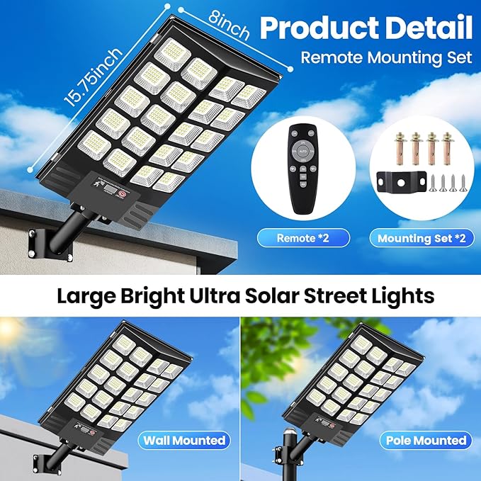 2 Pack 16 Large Solar Street Lights Outdoor Waterproof - Solar Powered Security Parking Lot Light Dusk to Dawn 60000LMMotion Sensor Commercial LED Solar Flood Lights Remote Control for Outside Yard
