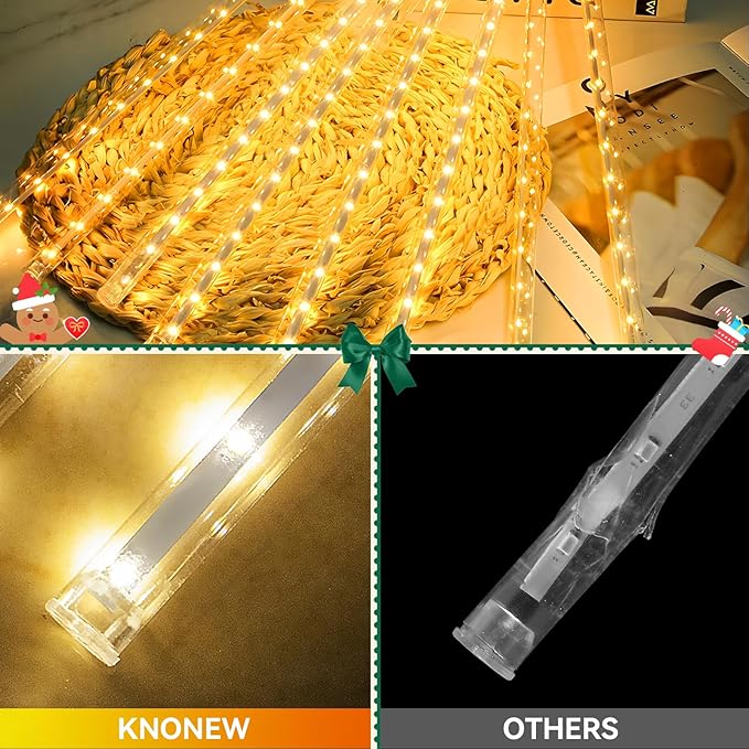 KNONEW Christmas Lights Outdoor 15 inch 24 Tubes 672 LED Meteor Shower Lights Plug in Waterproof Falling Rain Light for Xmas Tree Wedding Party Garden Holiday Rooftop Decorations (Warm White)