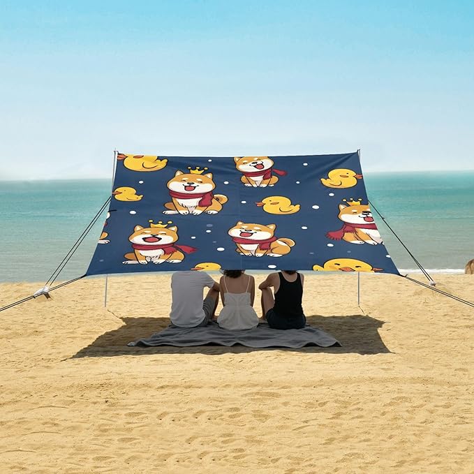 ALAZA Corgi Dog Duck Cute Beach Tent Sun Shelter UPF50+ Protection Beach Shade Canopy w/ 4 Sandbags for Outdoor Camping Fishing Backyard Fun Picnic 10x9 ft