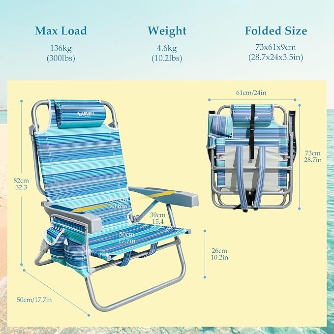 Beach Chairs for Adults Portable Folding Backpack Beach Chair Heavy Duty 5-Position Lay Flat with Cooler Bag Cup Holder for Outdoor/Lawn/Trip/Picnic/Fishing/Camping