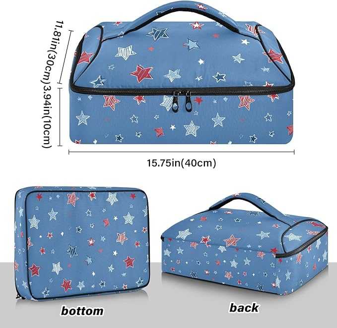 Casserole Carrier Red Blue Stripes StarsInsulated Casserole Carrier for Hot or Cold Food Thermal Lunch Tote for Potluck Parties Picnic Beach Fits 9 x 13 Inches Baking Dish