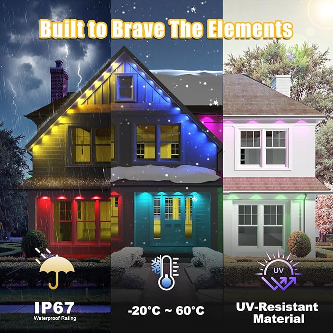 Permanent Outdoor Lights 150ft RGB+IC Smart LED Eaves Lights IP67 Waterproof Outdoor Lighting with App/Remote Control for Daily Christmas New Year Halloween Holiday Party Valentine's Day
