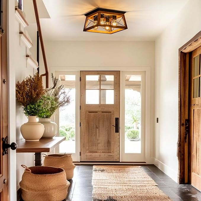 Farmhouse Light Fixture 4-Light Rustic Ceiling Light Trapeziform Wood Flush Mount Ceiling Light for Kitchen Hallway Entryway Bedroom