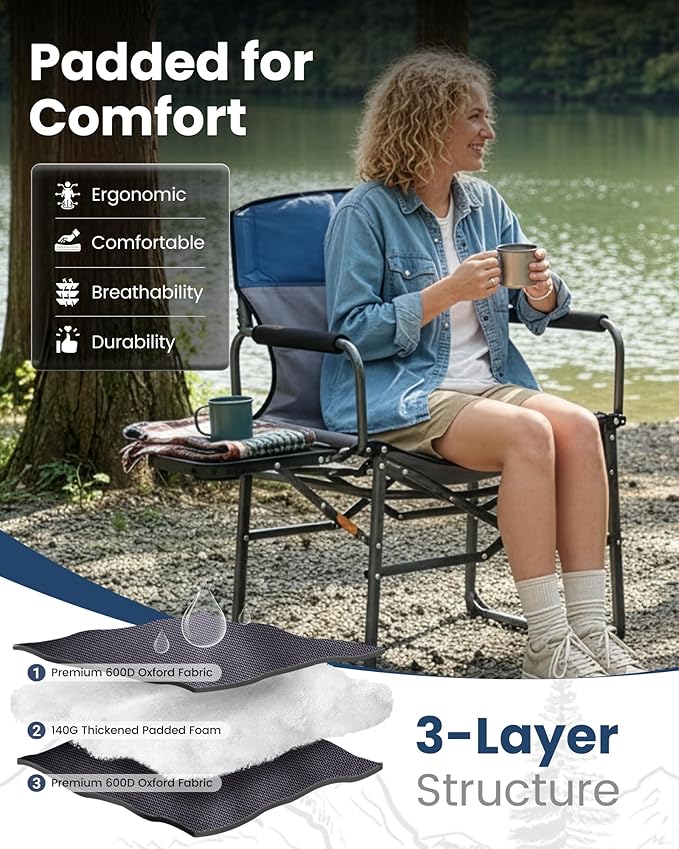 KingCamp Oversized Camping Directors Chair with Side Table Compact Design Heavy Duty 440lbs Folding Portable Padded Camp Chairs with Extra Wide Seat &amp Anti-Sag Fabric for Outdoor Fishing Sports