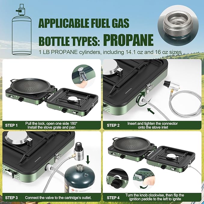 Portable Camping stove 2 Burner Foldable Camping Stove with Griddle and Carrying Bag &amp Hose 8600BTU Portable Propane Camp Stove with Ignition &amp 2 Adjustable Burnersfor Camping Tailgating BB