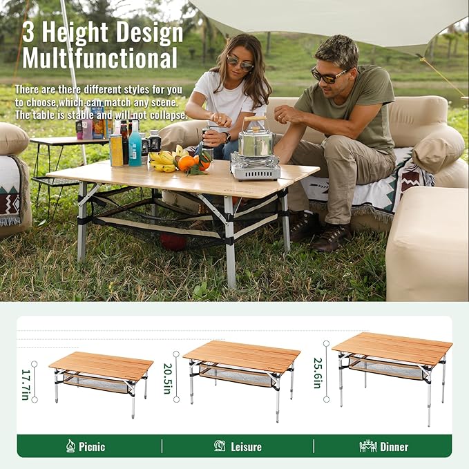 KingCamp Bamboo Folding Camping Table Adjustable. Supports 176lbs with A Premium Bamboo Top and 3 Adjustable Heights Ideal for Stable Dining or Cooking at Picnics RVs and Glamping Sites