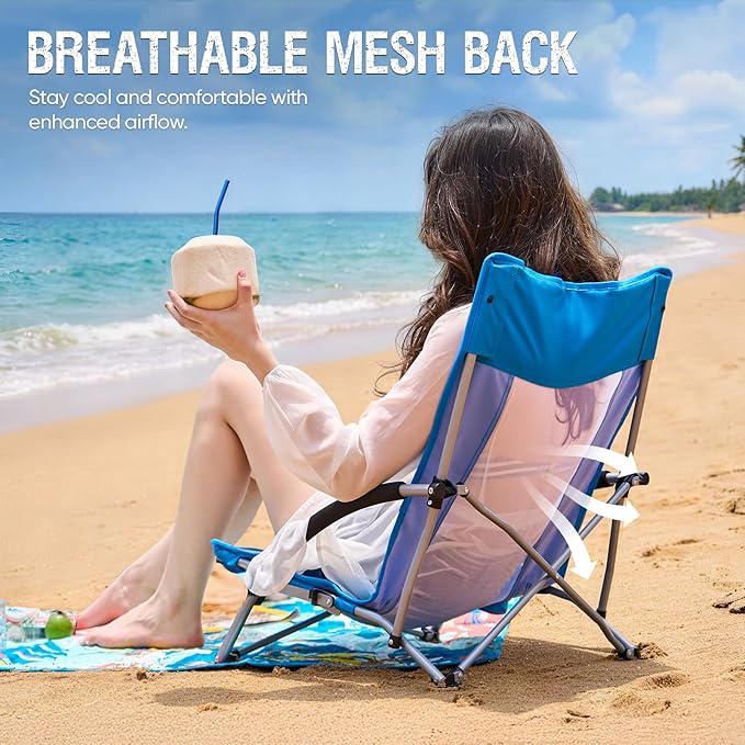 Old Bahama Bay Folding Beach Chair 2 Pack Beach Chairs for Adults Low Beach Camping Chair with Cup Holder Mesh Back for Outdoor Fishing Sand Lawn Supports up to 350lbs