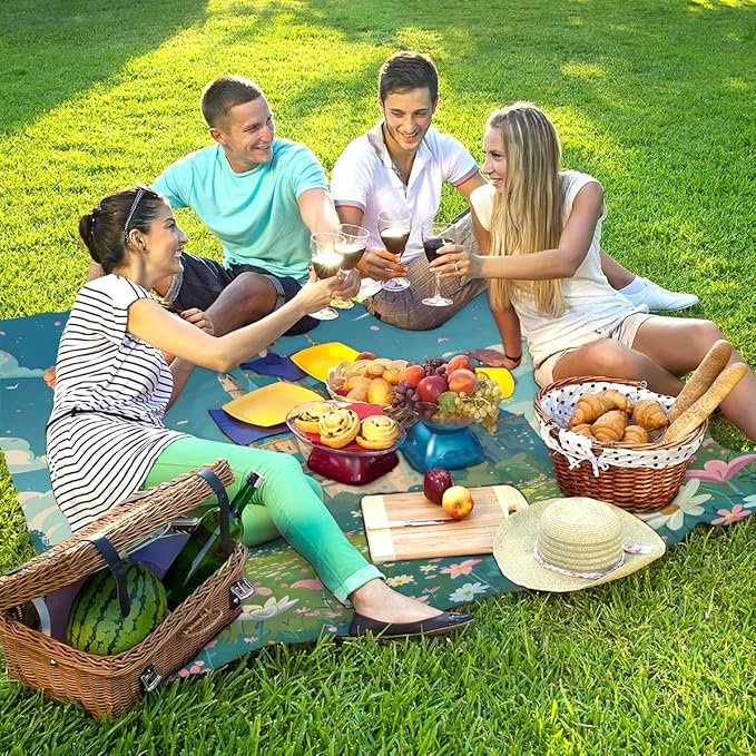 Waterproof Sandproof Beach Blanket 59''×68'' Landscape Polyester Outdoor Picnic Blanket with 4 Stakes &amp Storage Bag for BeachCampingVacation Castle