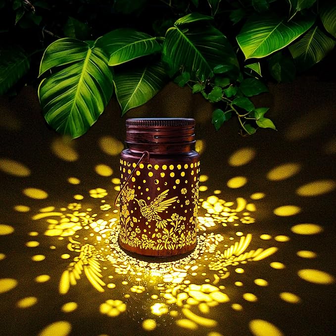 Solar Mason Lanterns Hummingbird Garden Outdoor Decor LED Light Hanging Waterproof Metal Lanterns for Patio Pathway Yard (Hummingbird 2pack)