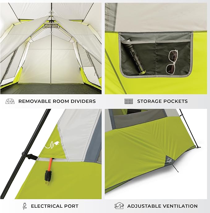 CORE Instant Cabin Tents | 6 Person / 9 Person / 10 Person / 12 Person Family Cabin Multi Room Pop Up Tents Car Camping | Included Storage Pockets for Camping Accessories