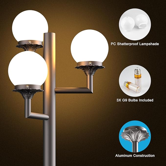 Lightdot 79 Modern Stable Outdoor Lamp Post Light 3-Head Aluminum Pole Lamp with 3000K LED Bulbs Included IP65 Waterproof Heavy-Duty Hardwired Post Light Fixtures for Garden/Yard/Driveway-Brown