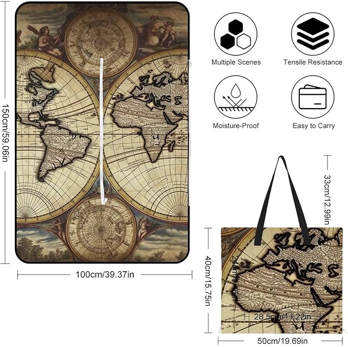 Zipper Ancient Map World Globe Style Picnic Mat Suitable for Travel Camping Park Or Home Use