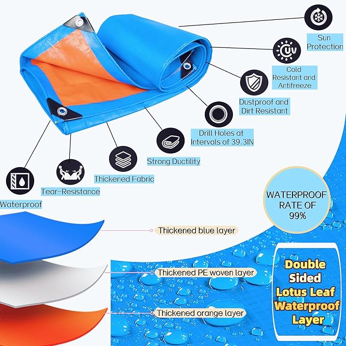1 Pack Heavy Duty Waterproof Tarpaulin - Blue &amp Red Reinforced PE Tarp with Grommets10 Mil ThickUV Resistant Weatherproof Cover for Truck Camping &amp Construction (9 * 19FT)