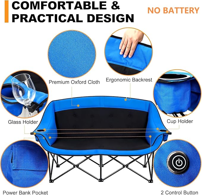 CypherX Heated Double Camping Chair with 3 Heat Levels- Heated Loveseat Chair for 2 Person Heavy Duty Oversized Padded Folding Camping Couch for Adults Outdoor Sports Lawn Portable Chairs (No battery)