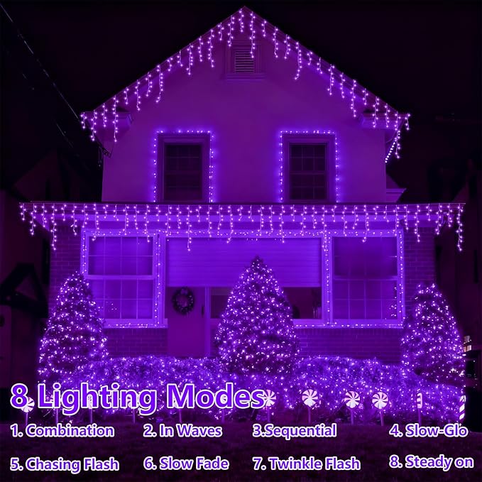 YEGUO 33ft 400 LED Purple Icicle Christmas Lights Outdoor Waterproof 80 Drops Icicle Light Connectable 8 Modes Christmas Lights Indoor with Memory Timer
