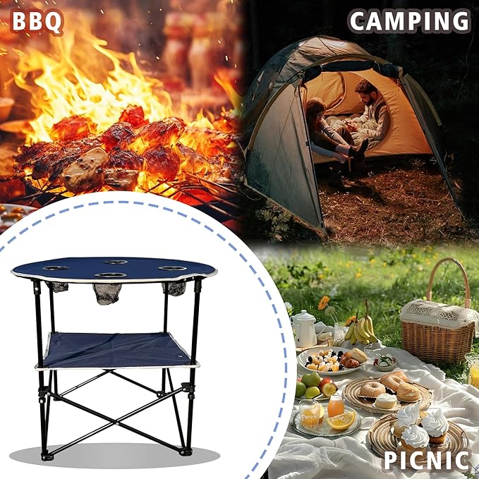 Camping Table &amp Beach Table – Portable 2-Tier Foldable Table with 4 Cup Holders &amp Carry Bag Lightweight Waterproof Oxford Fabric for Outdoor Adventures Picnic Tailgating and Fishing