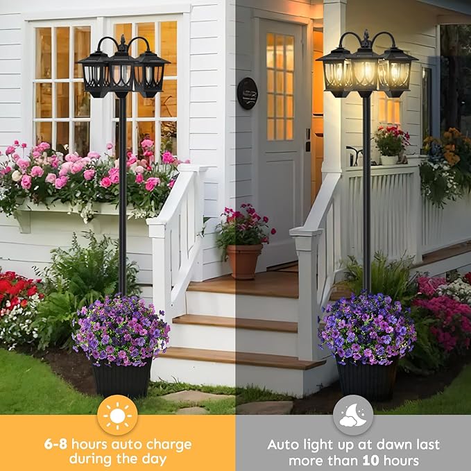 3-Head Solar Lamp Post with Planter 74 Solar Light Flower Pot Lamp Post 60Lm Waterproof Solar Light Poles for Outside Garden Patio Yard Driveway Replaceable Bulb Warm White (3000K)