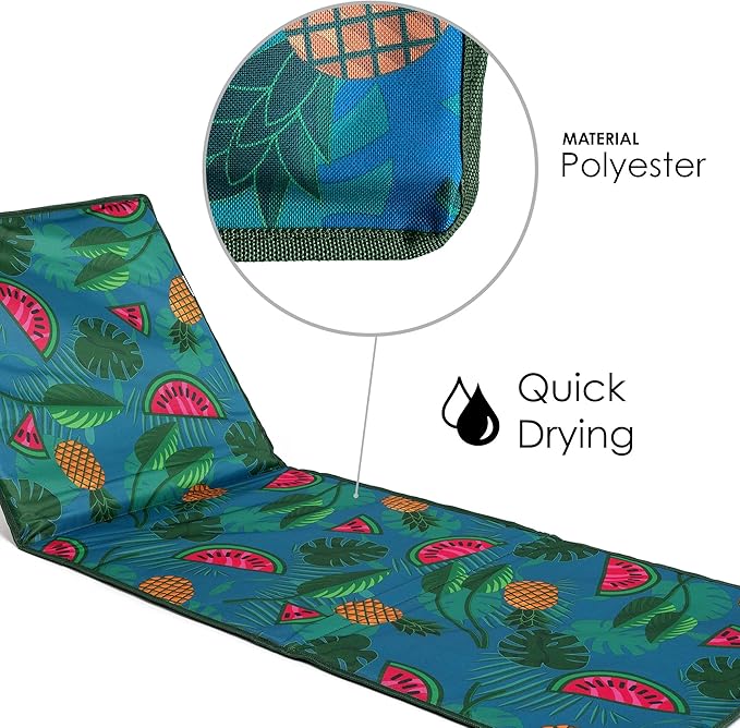 just be... Beach Sun Mat Folding Lightweight Portable Adjustable Sunbathing Recliner with Backrest Support and Valuables Pocket for Holidays Garden Camping Park and Festivals - Tropical
