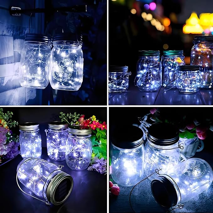 VOOKRY 12 Pack Solar Mason Jar Lights 30 LED Mason Jar Lids Waterproof Firefly Fairy String Lights with 12 Hangers(No Jars) for Outdoor Patio Garden Yard Lawn Party Wedding Decoration - Cool White