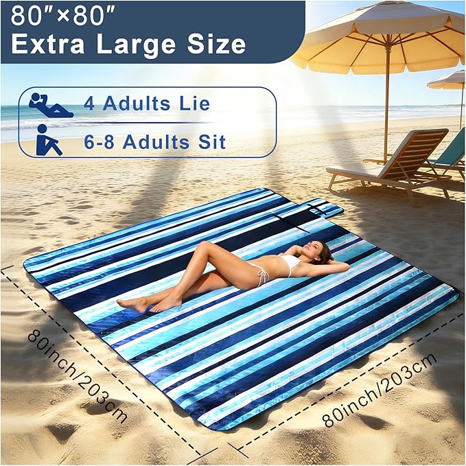Beach Blankets Picnic Blanket - Extra Large 80''x80'' Waterproof Sandproof Picnic Blanket Mats for 2-4 AdultsPortable Foldable 3-Layer Outdoor Beach Mat for Camping Lawn Travel Beach