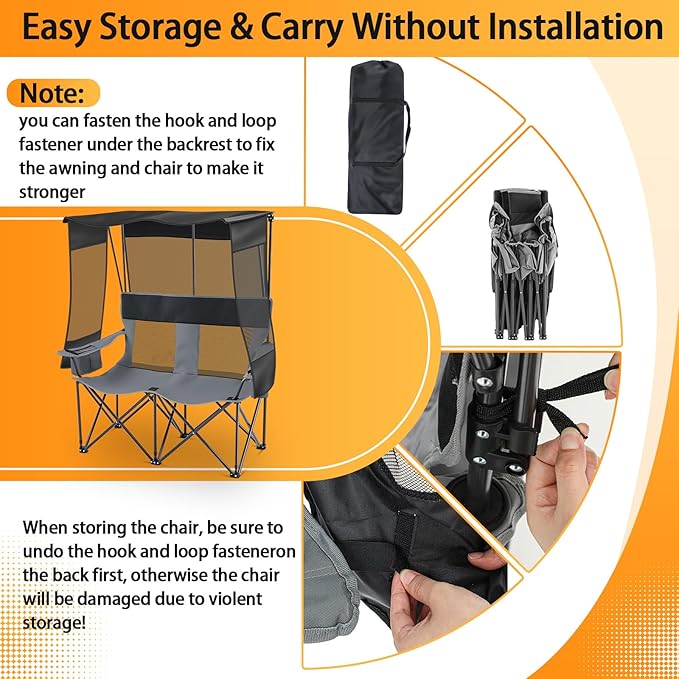 Double Camping Chair with Canopy Shade - 2 Person Beach Loveseat Folding Camp Chair with Cup Holders &amp Cooler Bag Portable Heavy Duty Outdoor Seating for Camping Beach Sports Backyard