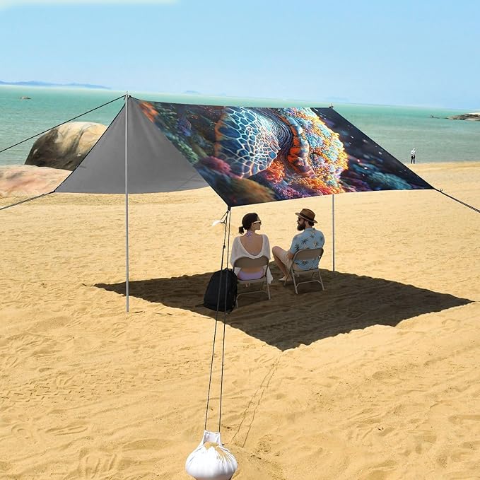 ALAZA Sea Turtle Corals Beach Tent Sun Shelter UPF50+ Protection Beach Shade Canopy w/ 4 Sandbags for Outdoor Camping Fishing Backyard Fun Picnic 10x9 ft