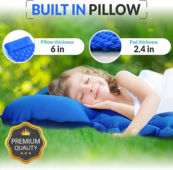 Kids Sleeping Pad for Camping and Sleepovers with Pillow Inflatable Camping Mattress for Backpacking &amp Travel Thick Toddler Cot Mat Fast Inflating Camping Sleeping Pads for Kids