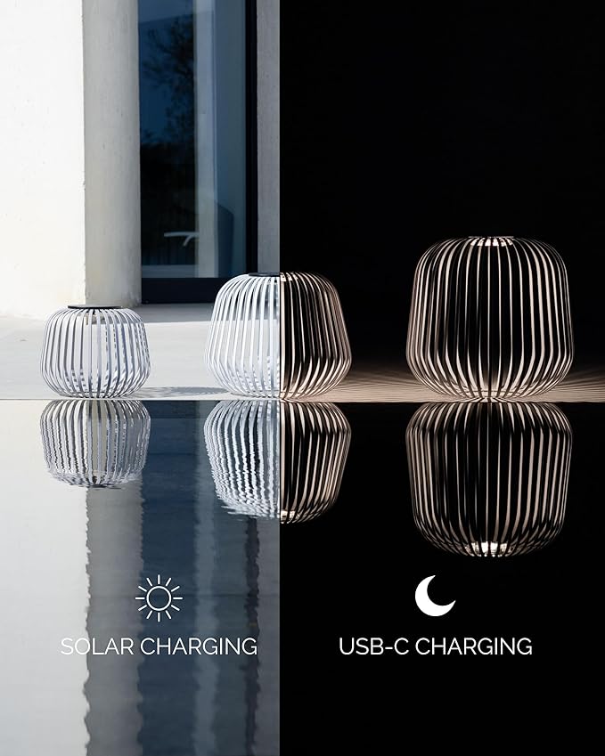 LUUK Studio Solis Wireless Solar LED Accent Lamp Warm White Dimmable Light Water Resistant Indoor Outdoor Use USB-C Rechargeable Living Room Patio Soft Luxury Style White Size S