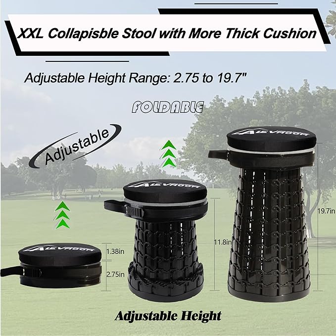 ALEVMOOM Upgraded XXL Collapsilbe Stool with Thick CushionMore Sturdy and Height 19.7“D11.8”Portable and Lightweight Adjustable Telescoping Stool for Camping Hiking BBQ Max Loading 1000Ibs