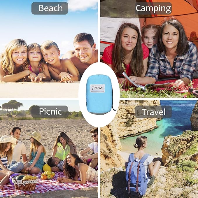 Beach Blanket Sandfree 10x9 ft Extra Large Size Waterproof Sandproof Travel Map for 7 Adults Outdoor Portable Accessories Camping Hiking Mat W/ 7 sand pockets 1 storage Pockets &amp Inflatable Pillo