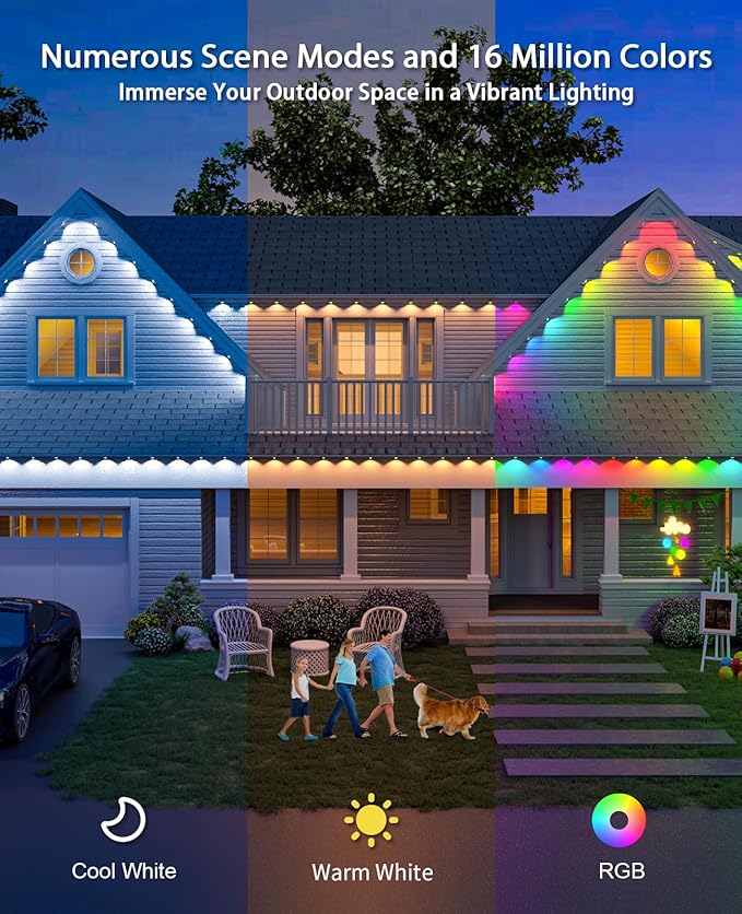 ANGELHALO Permanent Outdoor Lights 100ft Smart Outdoor Lights with 72 LED Lights Cool/Warm Eaves Lights IP65 Waterproof for Christmas Halloween Party Compatible with Alexa Google Assistant