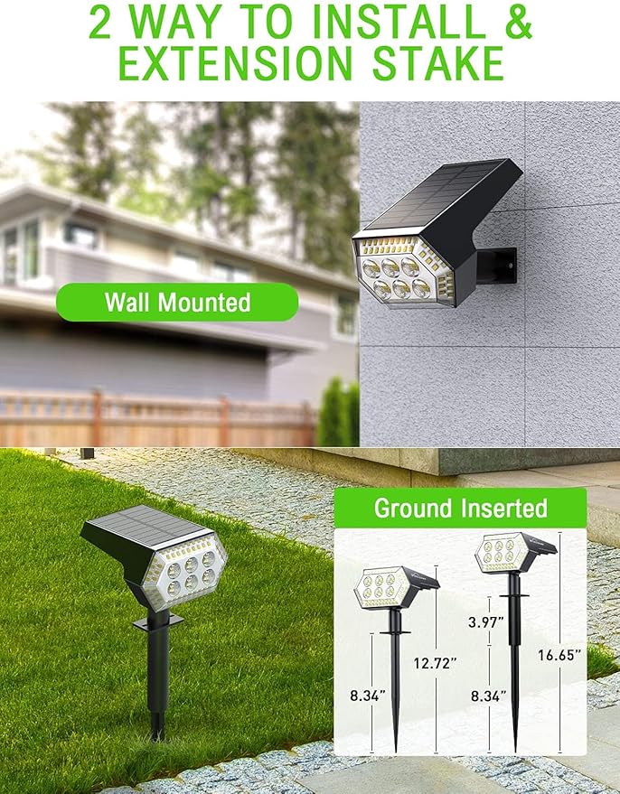 Solar Spot Lights Outdoor IP65 Waterproof Landscape Lighting with 4 Bright Lighting Modes 108 LEDs Solar Lights Outdoor Perfect for Driveway Walkway Garden Pathway 6 Pcs