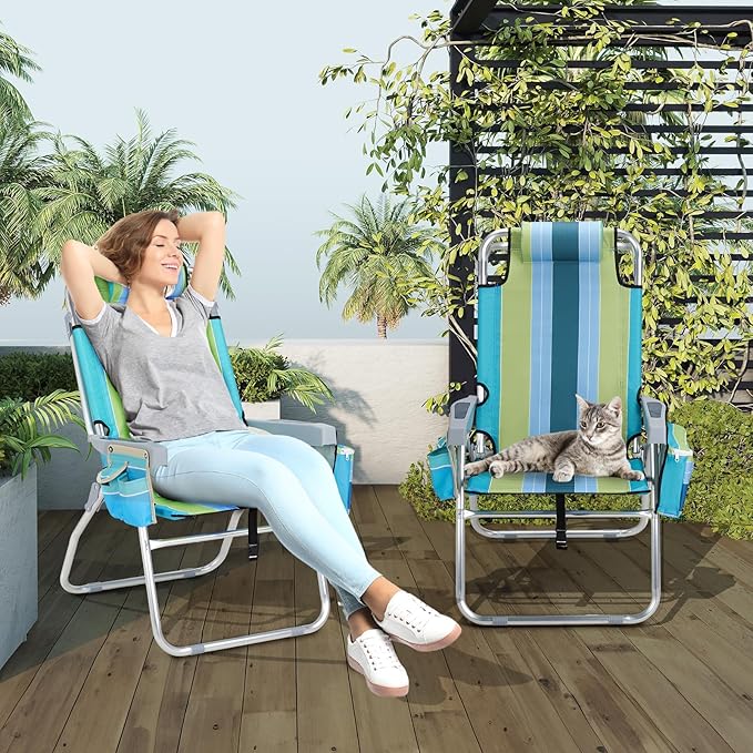 VINGLI 2 Pack Tall Beach Chair 16 with 5-Position Cooler Bag Cup Holders Towel Bar Lightweight Folding Beach Camping Chairs for Adults